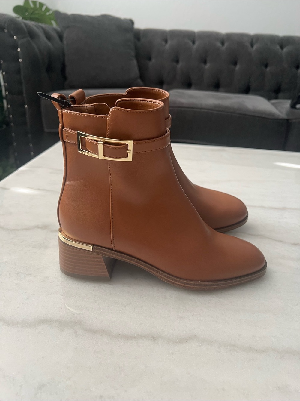 Calvin Klein Cognac Brown Ankle Boots with Gold Accent